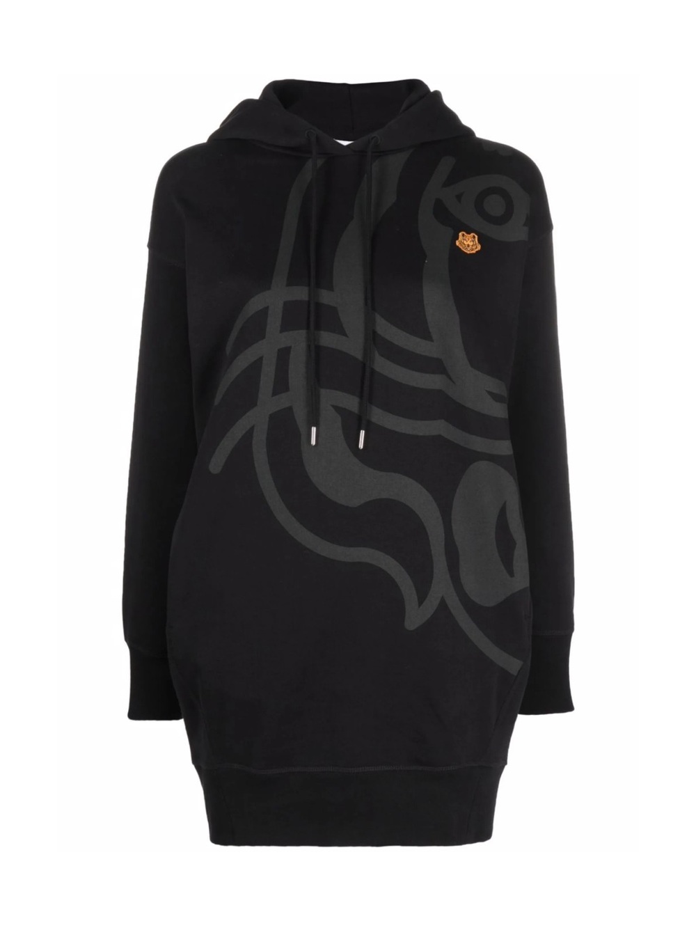 Kenzo Black Hooded Sweatshirt with Subtle Gray Graphic and Gold-Tone Tiger Pin
